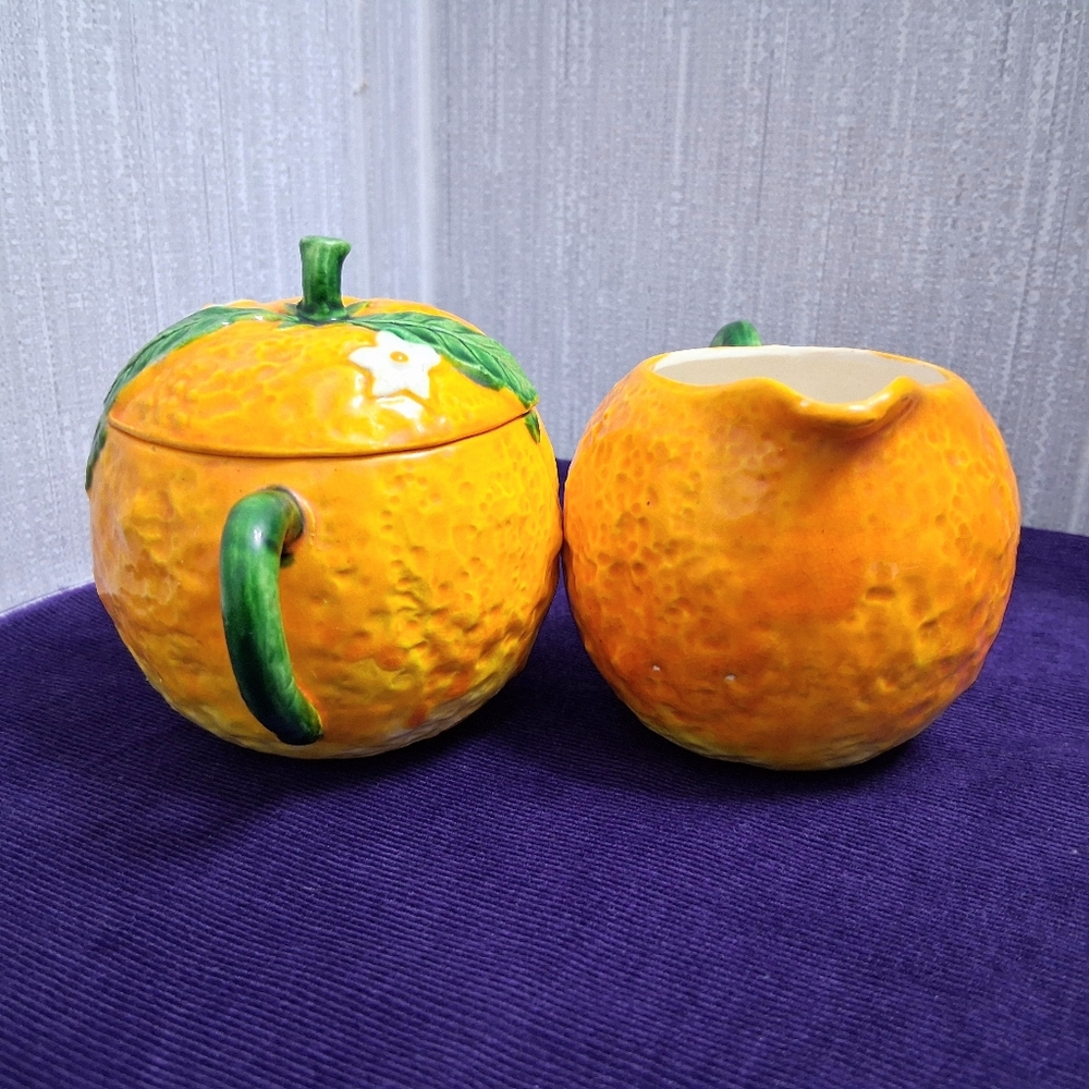 Vintage Maruhon Ware Orange Fruit Creamer And Sugar Bowl Set 1940s Japan - Picture 12 of 14